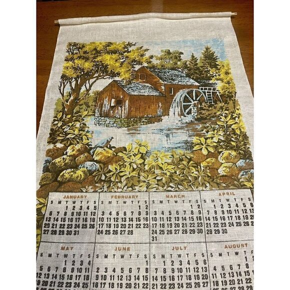 Vintage 1974 Old Country Mill Linen Wall Calendar Kitchen Tea Towel Art 29x17” - Picture 3 of 8